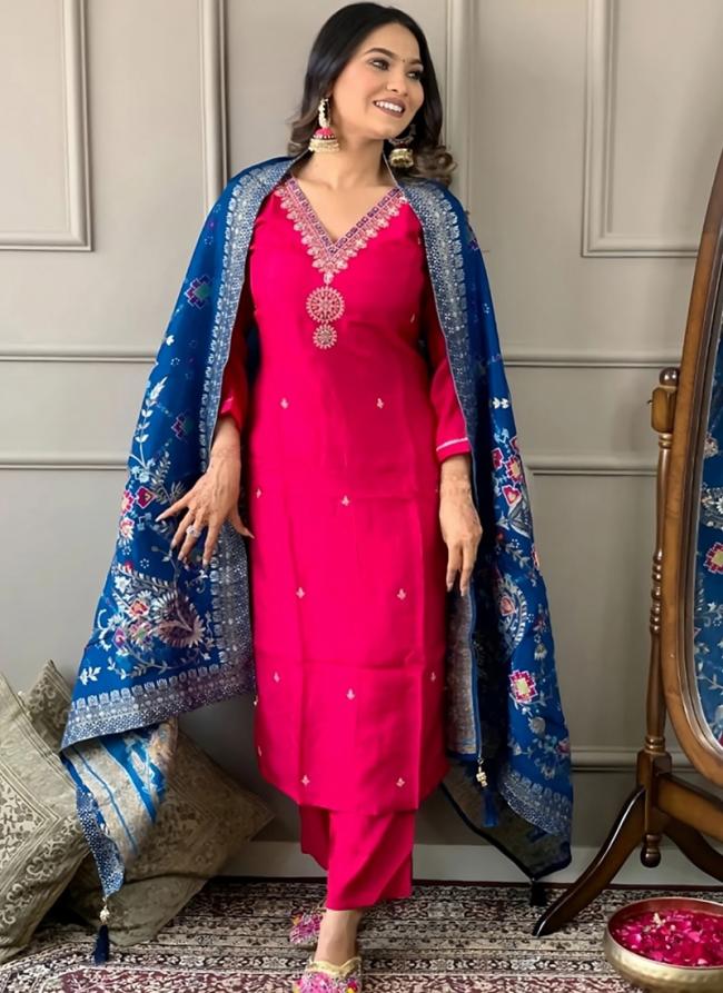 Viscose Chanderi Pink Festival Wear Embroidery Work Readymade Straight Suit